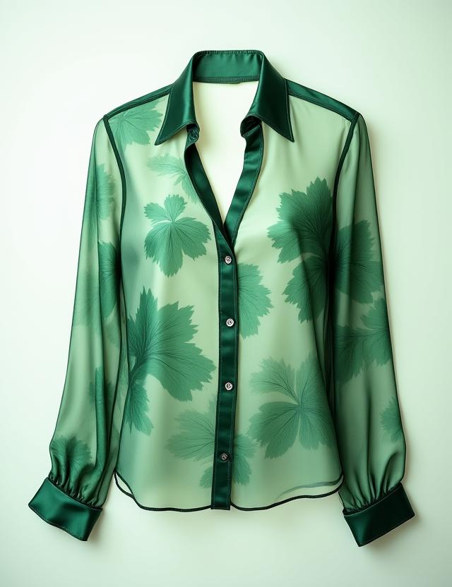 Blusa de seda com estampado floral abstracto em tons de verde.