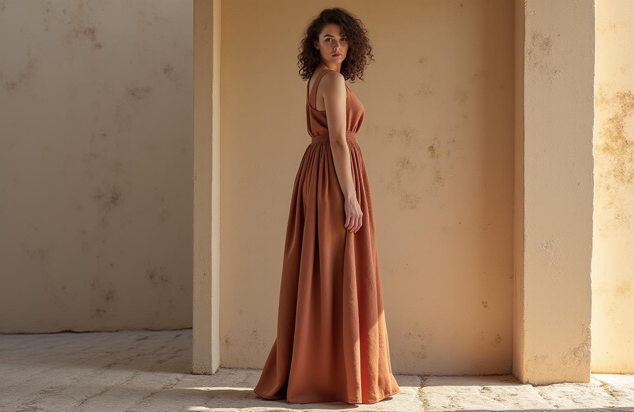 Modelo a usar um vestido de linho comprido cor de terra, em frente a uma parede texturizada em Lisboa.