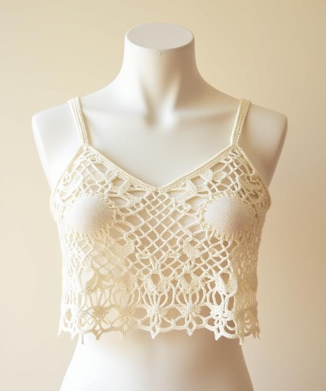 Top de alças em crochet de cor marfim.