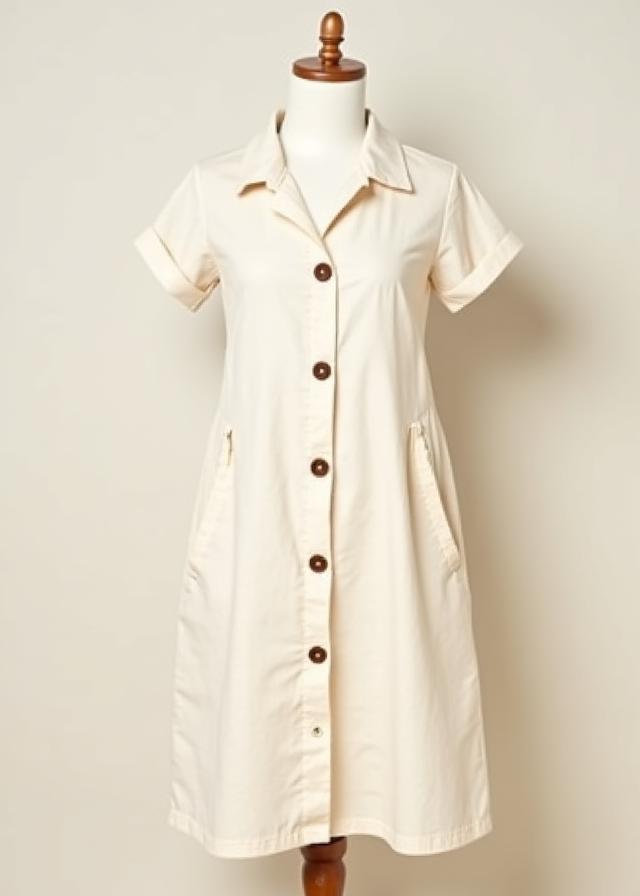 Vista frontal de vestido de linho bege com botões de madeira.